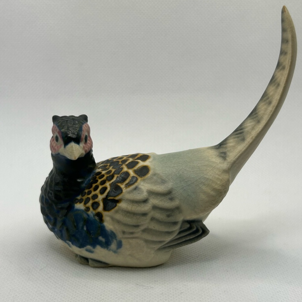 Vintage Pheasant Figurine Ceramic Blue Brown Hand Painted Stamped Japan